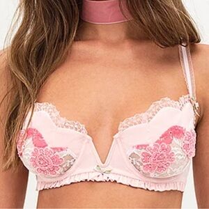 NWT For Love & Lemons S Sylvie Underwire Bra Embroidery Floral Satin Bow